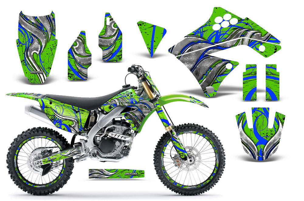 Kawasaki KX250F 09-12 Graphics Kit Fire Blade Blue Green NP Rims